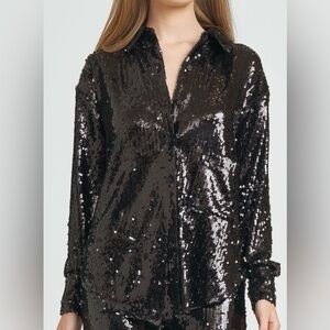 WAYF Find Your Light Sequin Button-Up Shirt NWT Sz XS